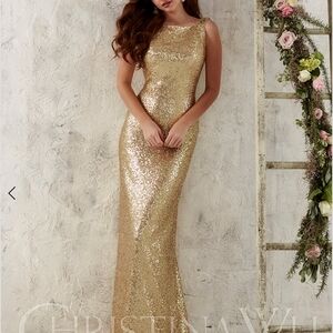 Christina Wu NWT Draped Back Boat Neck Sz 20 Gold Sequin Evening Gown